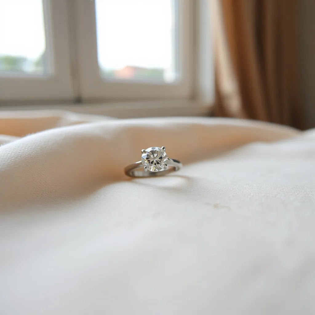 Diamond ring with a round solitaire stone on a polished band under soft natural light