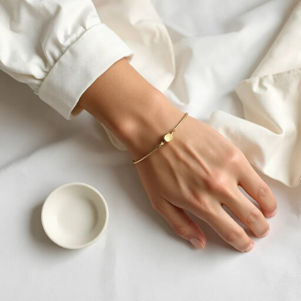 Minimalist bracelet on a wrist with a clean outfit in soft natural light