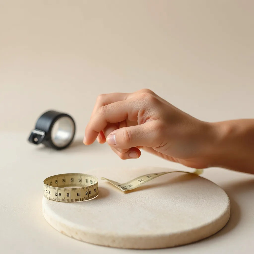 Adjustable ring held in hand with a visible sizing mechanism and a measuring tape nearby
