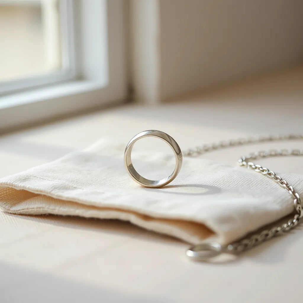 Hollow ring with polished finish resting on linen under soft natural light