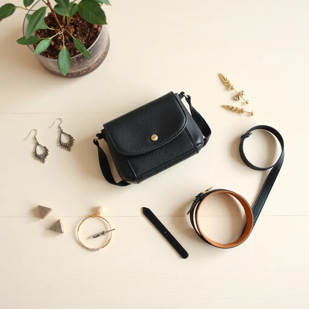 Assorted modern accessories for a young woman arranged with earrings, crossbody bag, belt, hair clips, and bracelet