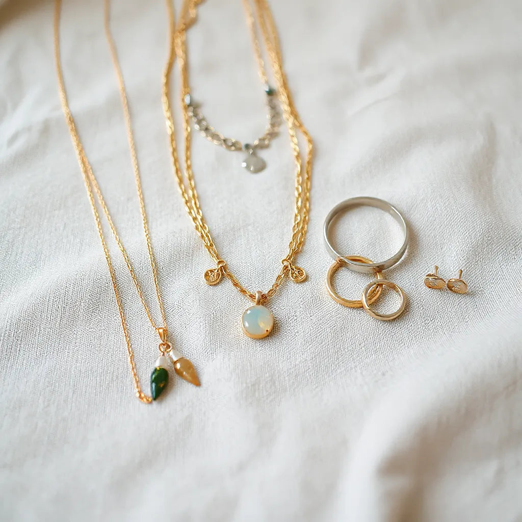 Layered necklaces, earrings, bracelet, and ring arranged on neutral fabric under soft natural light