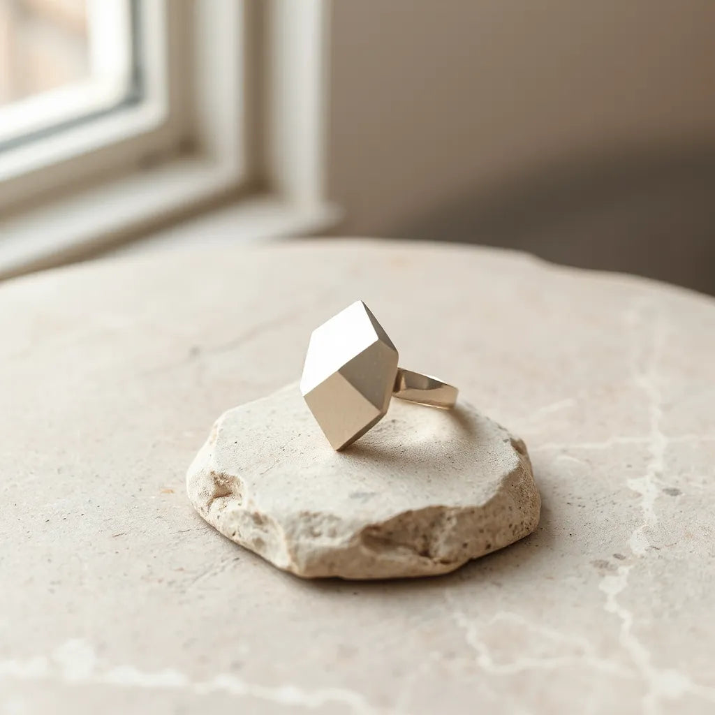 An irregular geometric ring with asymmetric faceted design on a neutral stone surface under soft light