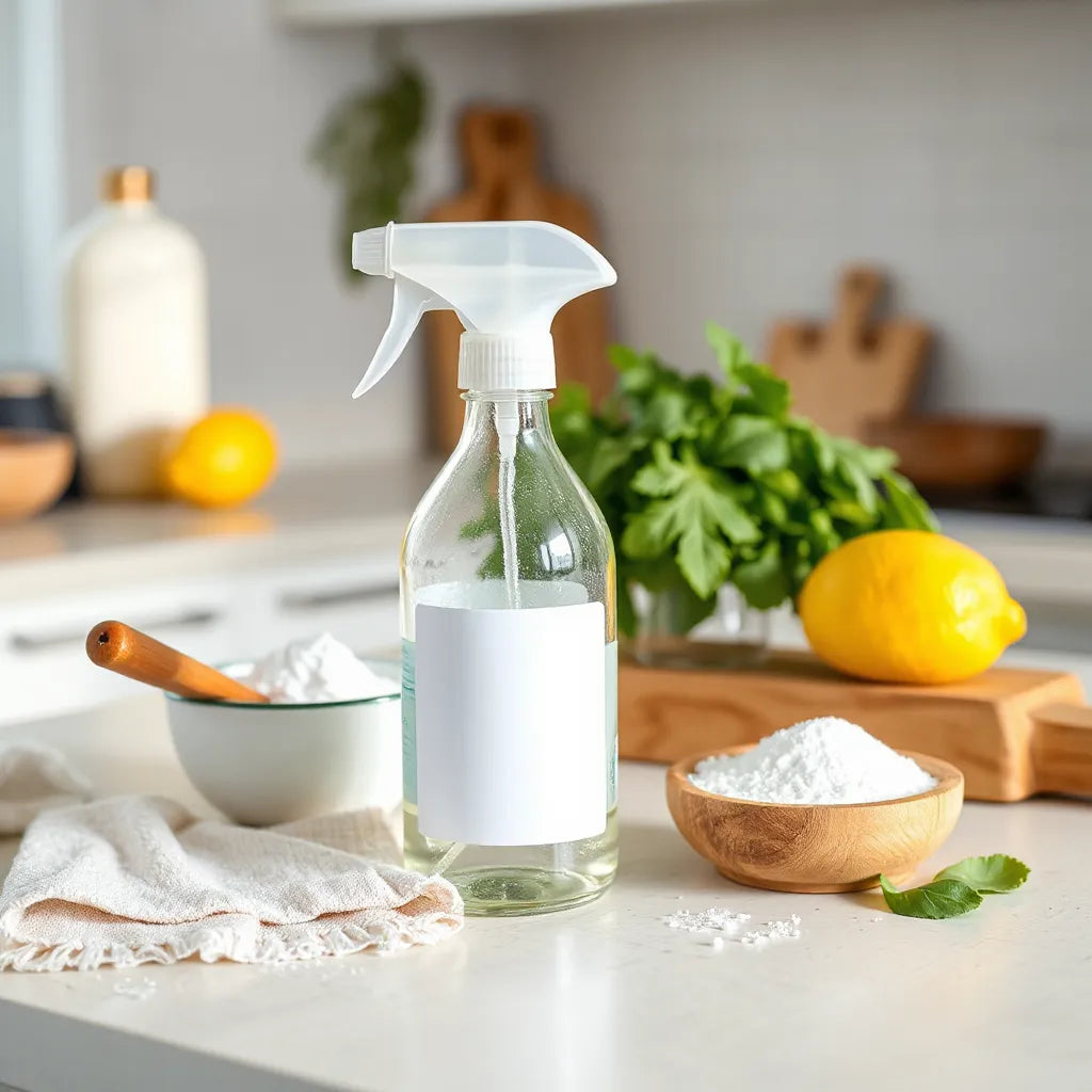 Natural cleaning supplies on a bright kitchen counter with lemon, baking soda, and microfiber cloth