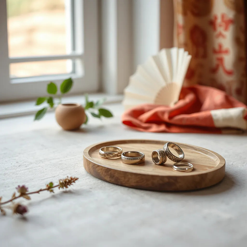 Japanese style rings displayed on a wooden tray with soft fabric and a folded paper fan in the background