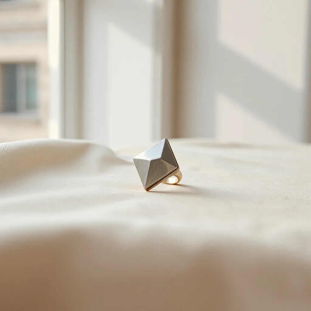 Asymmetrical geometric ring with faceted metal detail on a neutral fabric with soft natural light