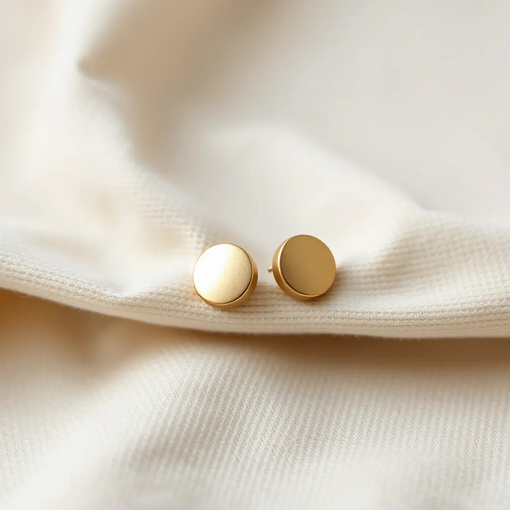 Small metallic button stud earrings resting on neutral fabric with soft daylight