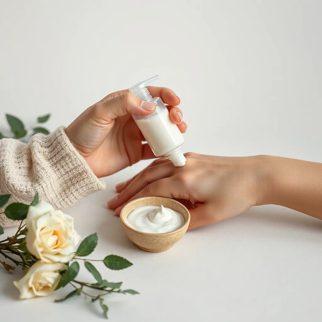 Hands applying moisturizing body lotion onto smooth skin with a pump bottle beside it