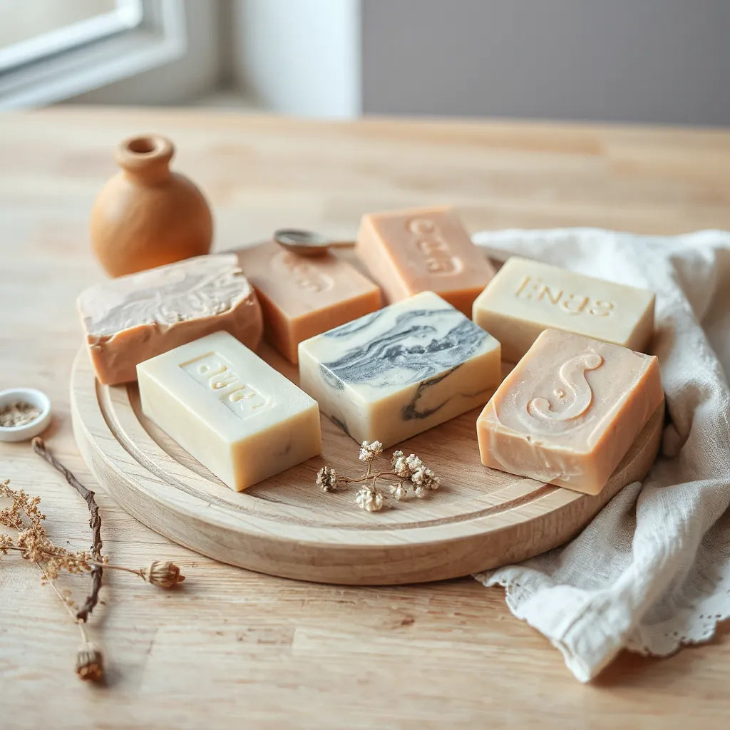 Handcrafted artisan soap bars with dried botanicals on a light wooden tray in soft natural light