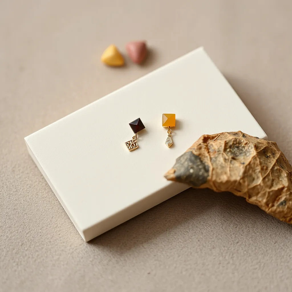 Distinct shaped earrings with small dangling details styled on a neutral background