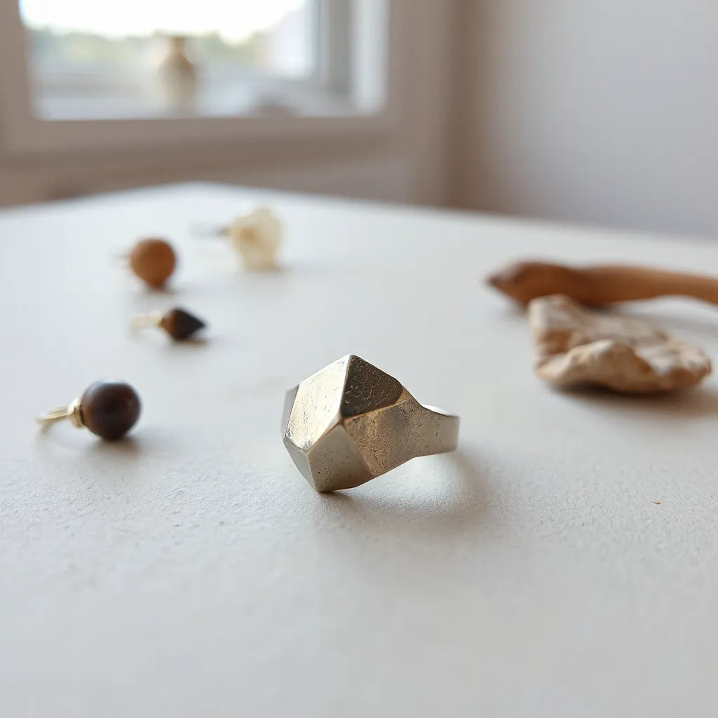 Irregular geometric ring with faceted angles on a neutral background under soft lighting