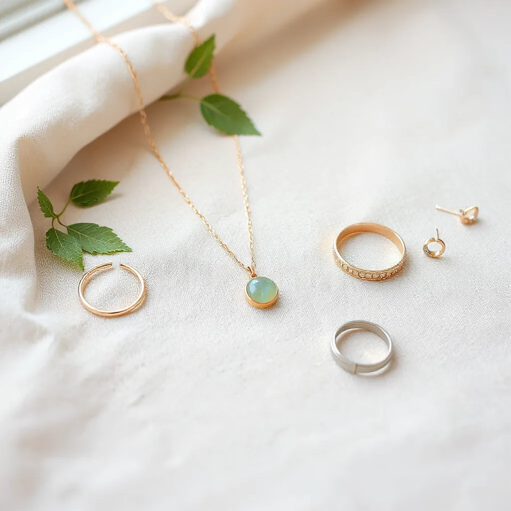 Layered necklaces, small earrings, and a bracelet arranged on neutral fabric with soft natural light