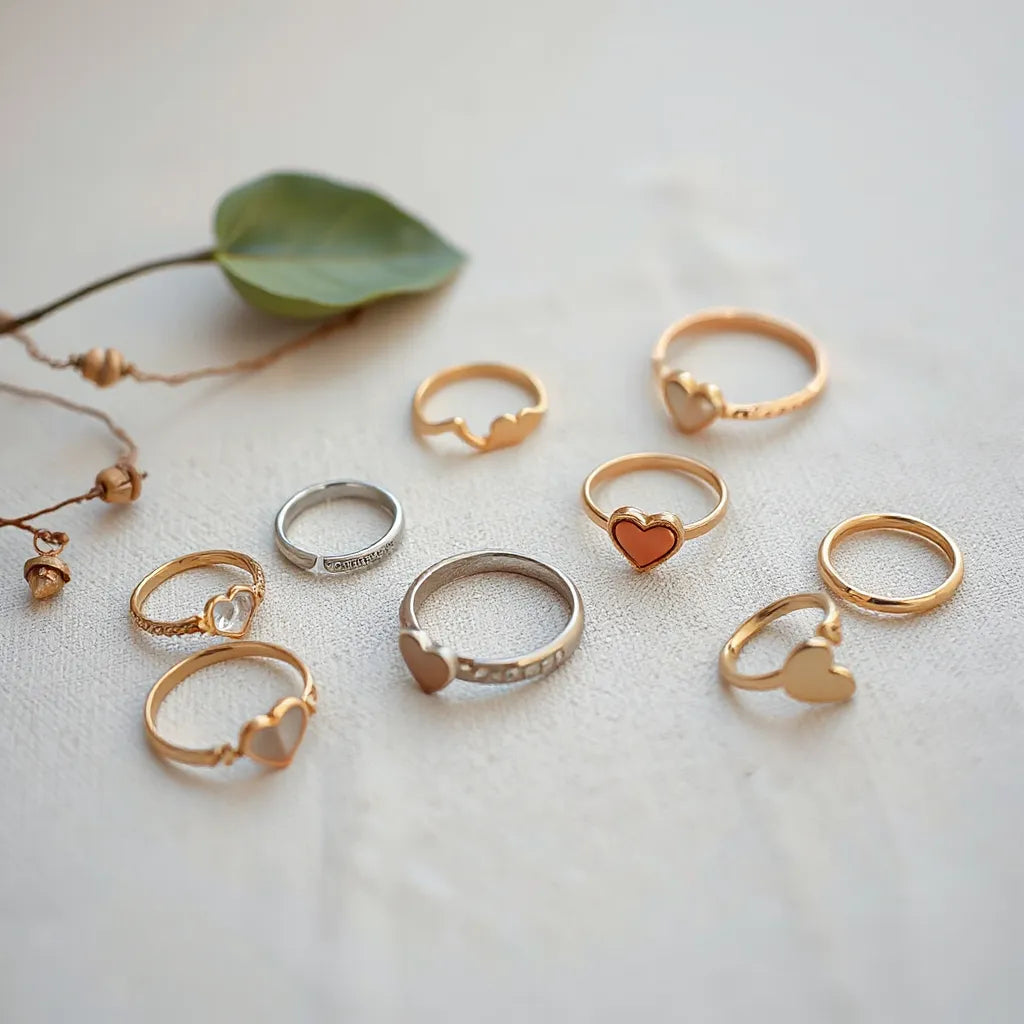 Vintage-inspired heart rings displayed on a neutral fabric with warm metallic shine