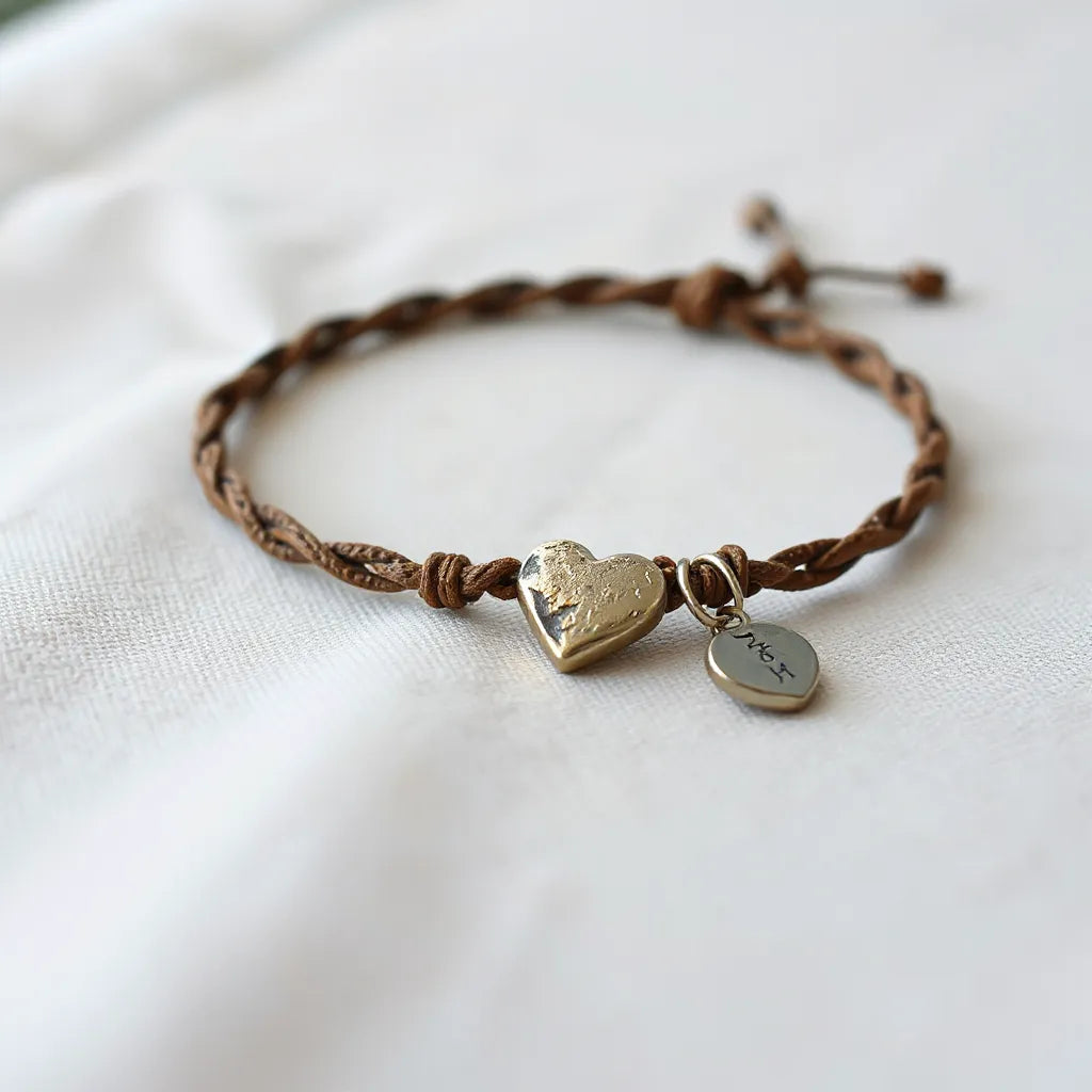 Distressed heart bracelet with a worn heart charm on a neutral fabric background