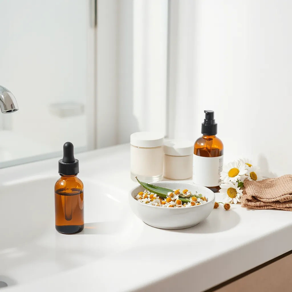 Organic skincare jars and dropper bottle with aloe leaves and chamomile on a minimalist vanity