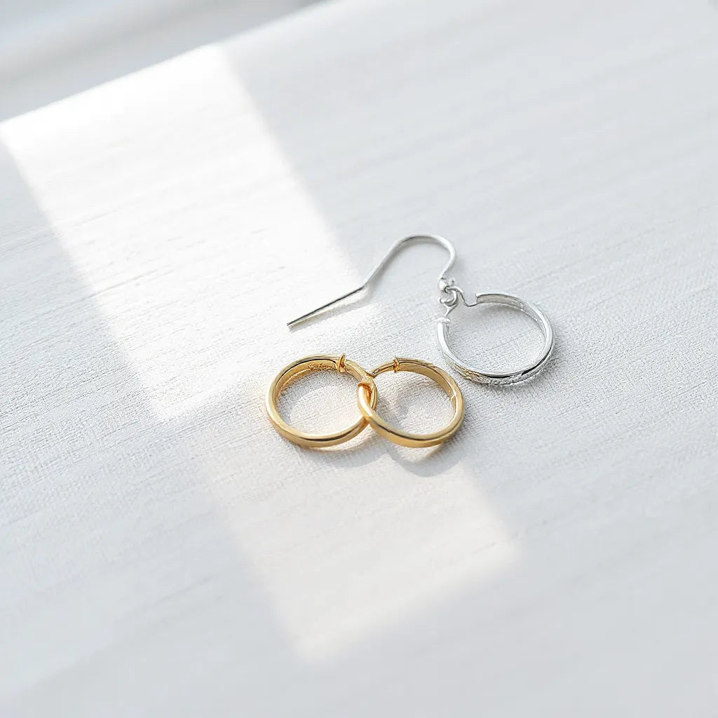 Gold and silver earrings displayed side by side on a neutral background with soft light