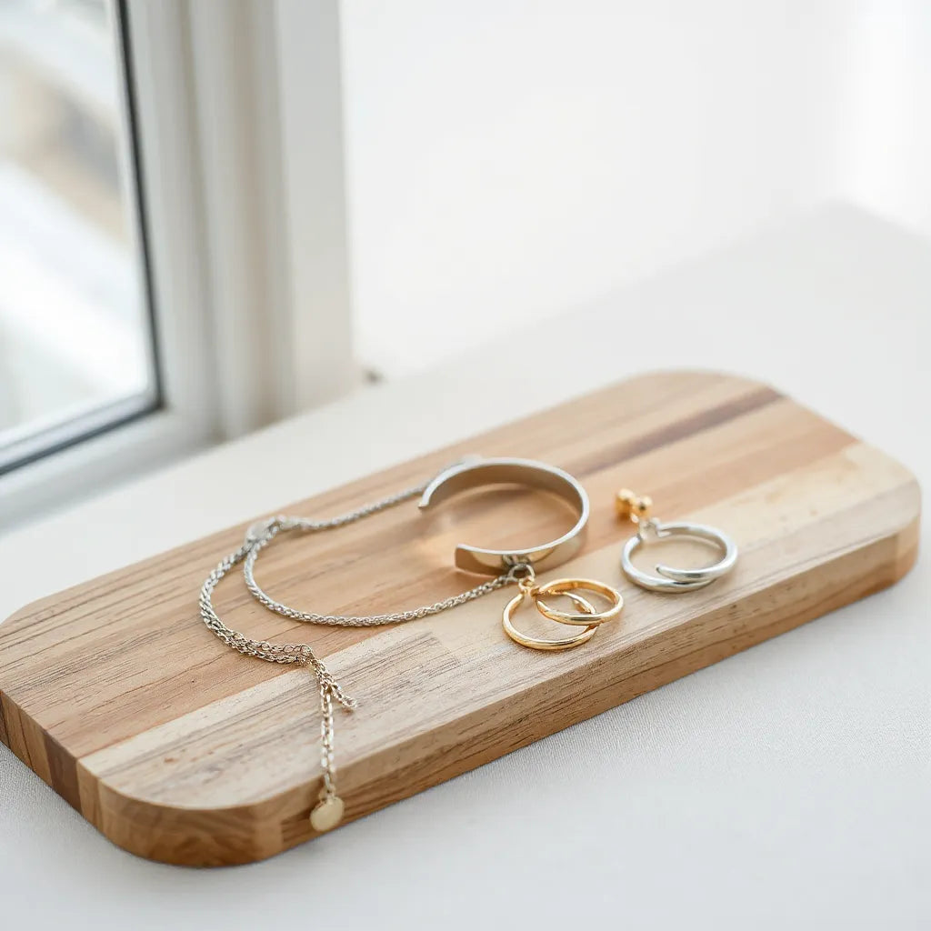 Mixed-metal unisex necklace, bracelet, and hoop earrings arranged on a minimalist tray with soft natural light