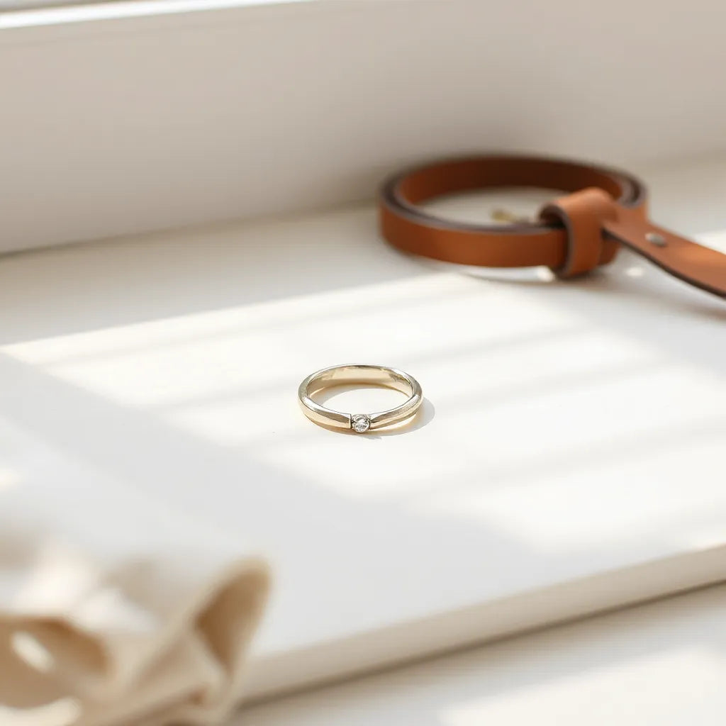 Simple bezel ring with a small round gemstone on a neutral background under soft light