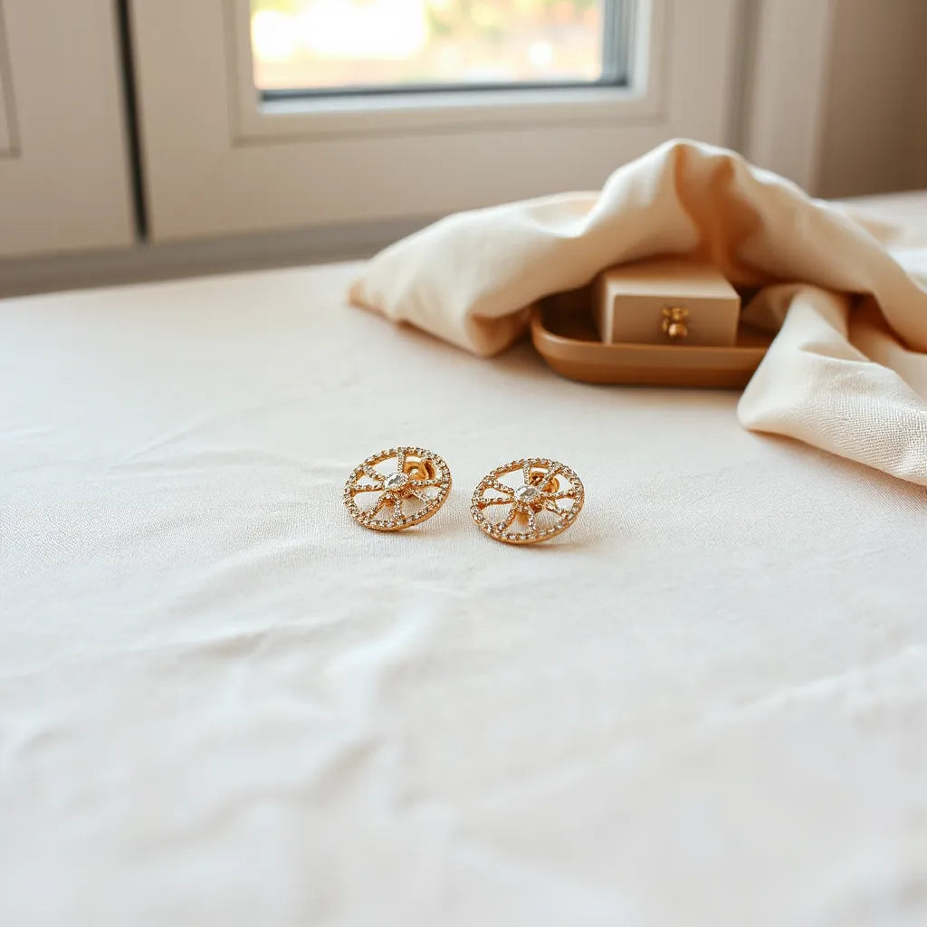 European ear clips on light fabric with clear clasp details and soft neutral styling