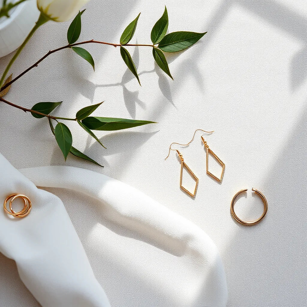 Geometric modern earrings styled on a clean neutral fabric background with soft natural light