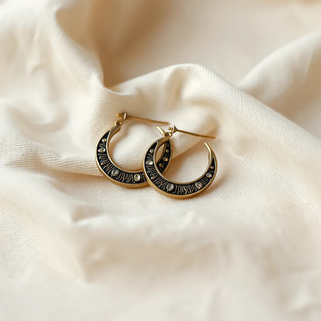 Artistic hoop earrings with an intricate metal design and subtle gemstone accents on a neutral fabric background