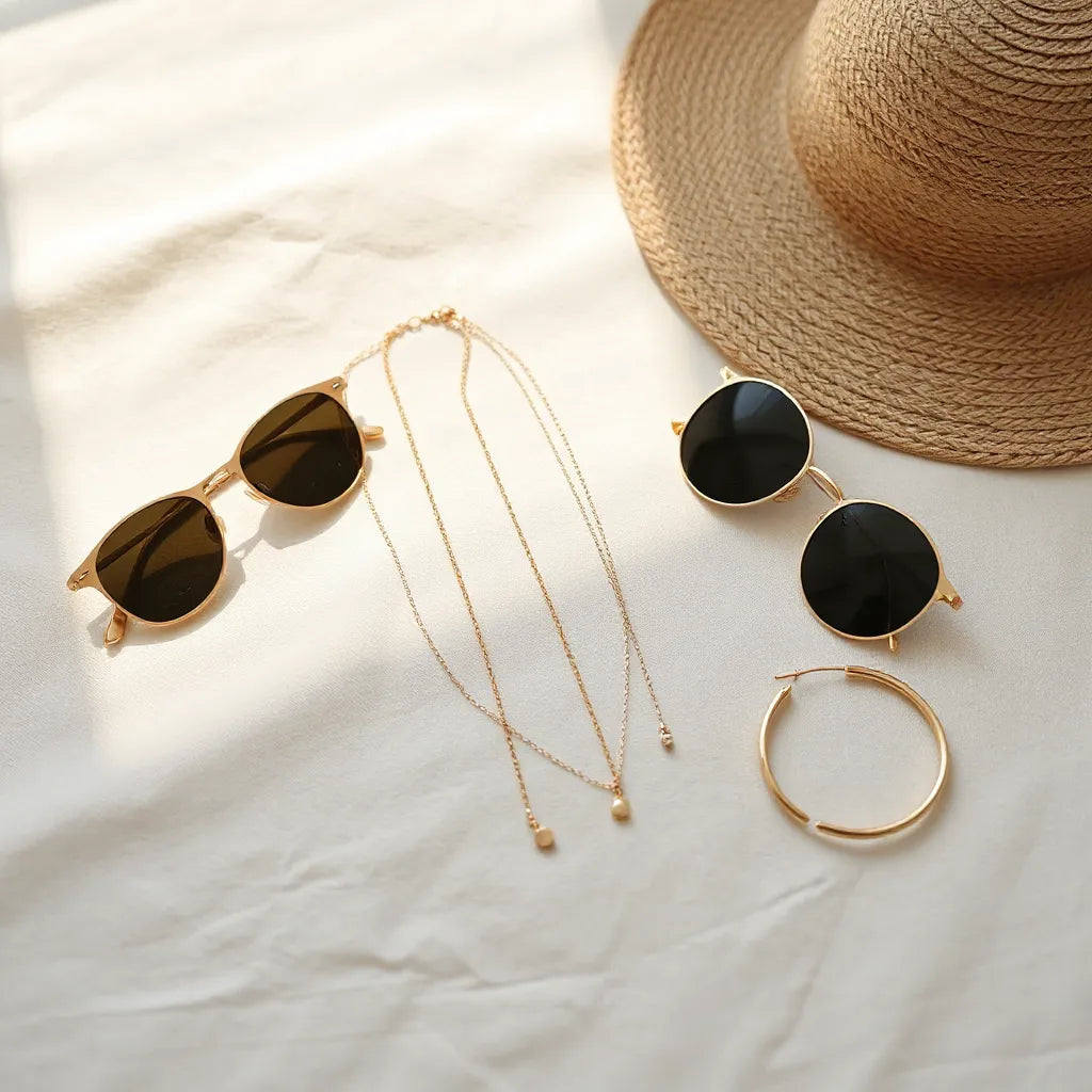 Layered necklaces and small hoop earrings arranged on linen in warm sunlight