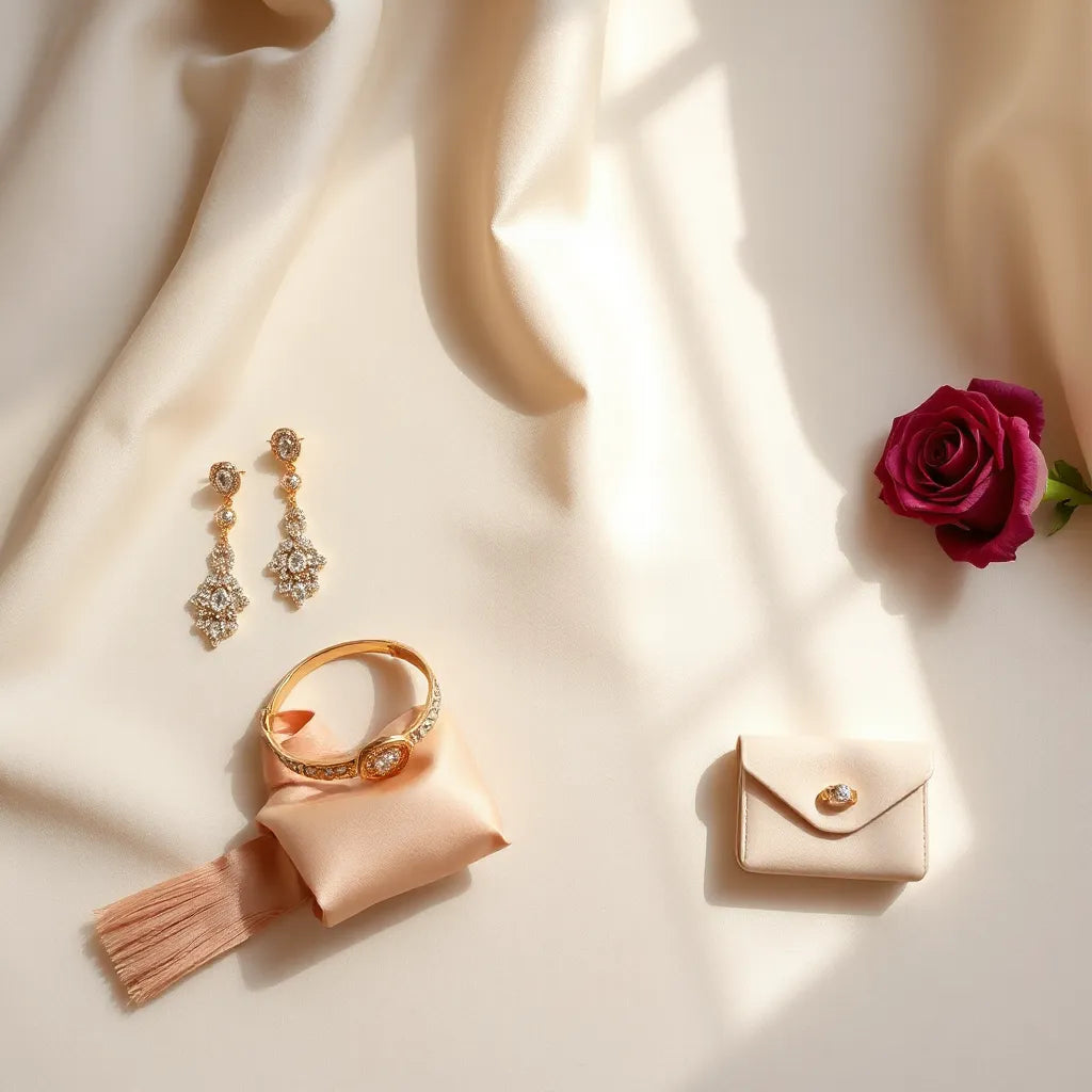 Elegant evening clutch and jewelry accessories arranged on a light neutral background