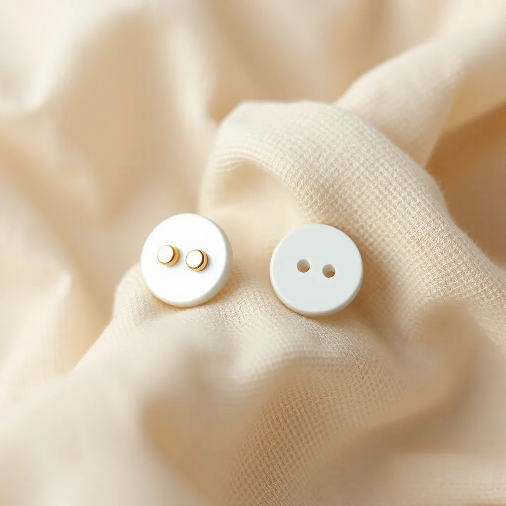 Small button earrings on neutral fabric with soft natural light and a clean, minimal background