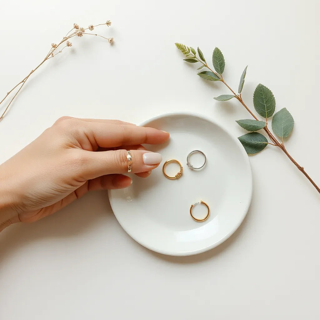 Stacked fashion rings with a statement design resting on a ceramic tray in soft daylight
