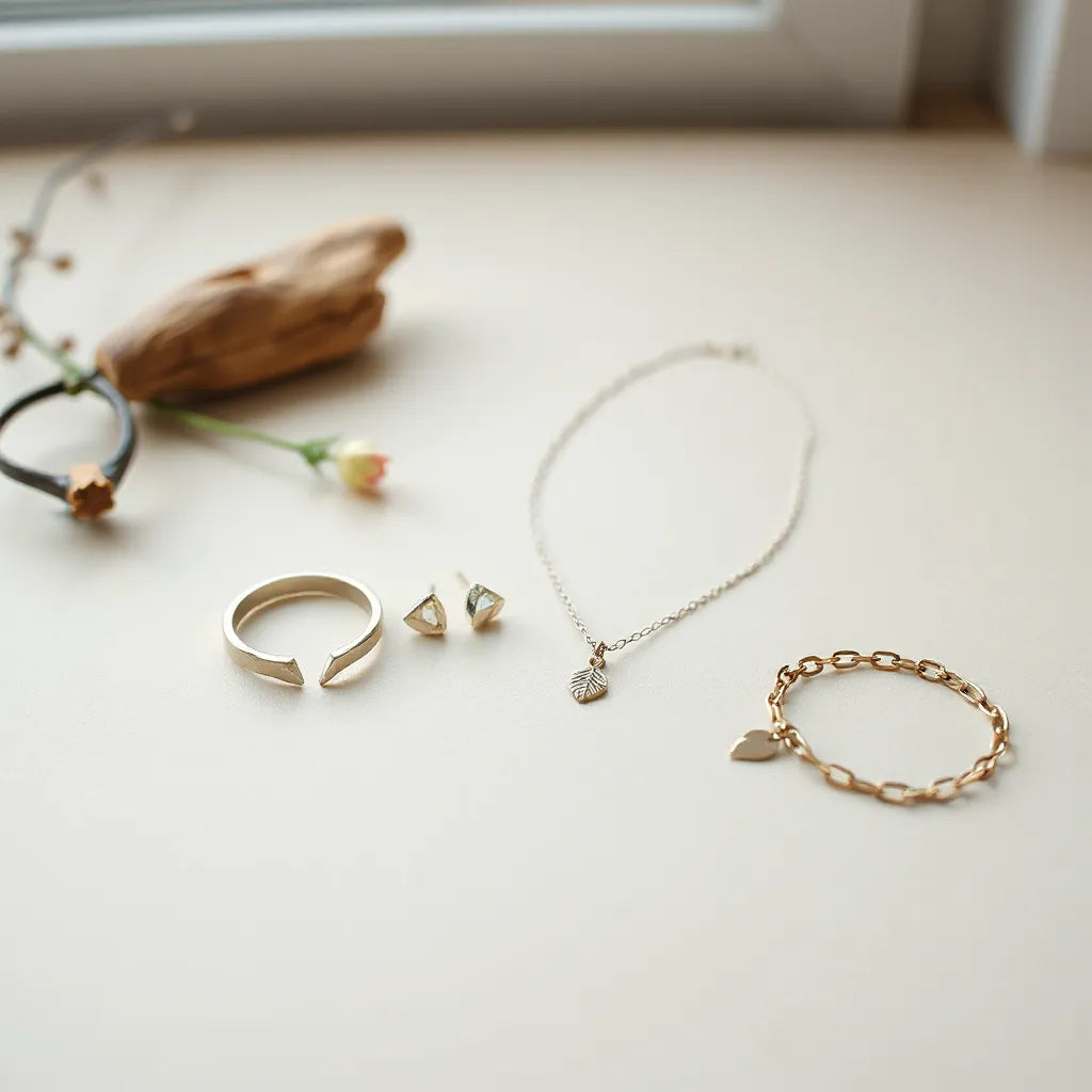 Assorted statement rings, earrings, necklace, and bracelet displayed with soft natural light
