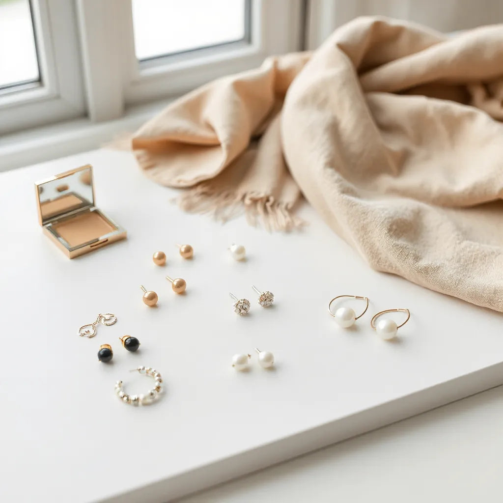 Assorted ear clip accessories on a minimalist surface with neutral accessories