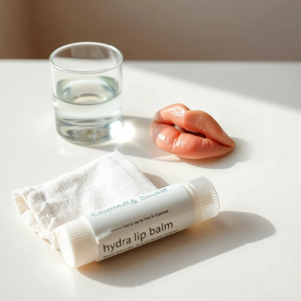 Hydrating lip balm tube beside natural lips with a gentle moisturizing smear and glass of water
