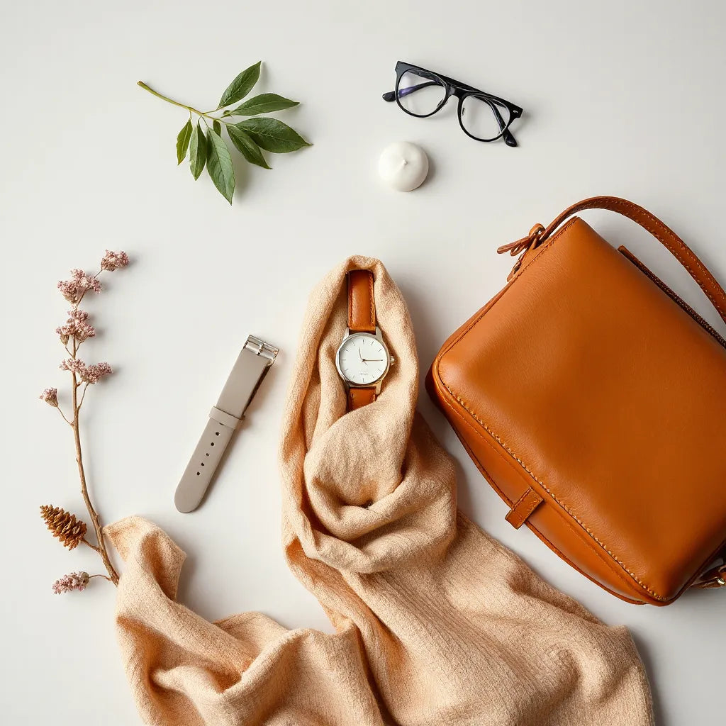 Neutral flat-lay of unisex accessories including a watch, ring, scarf, and crossbody bag