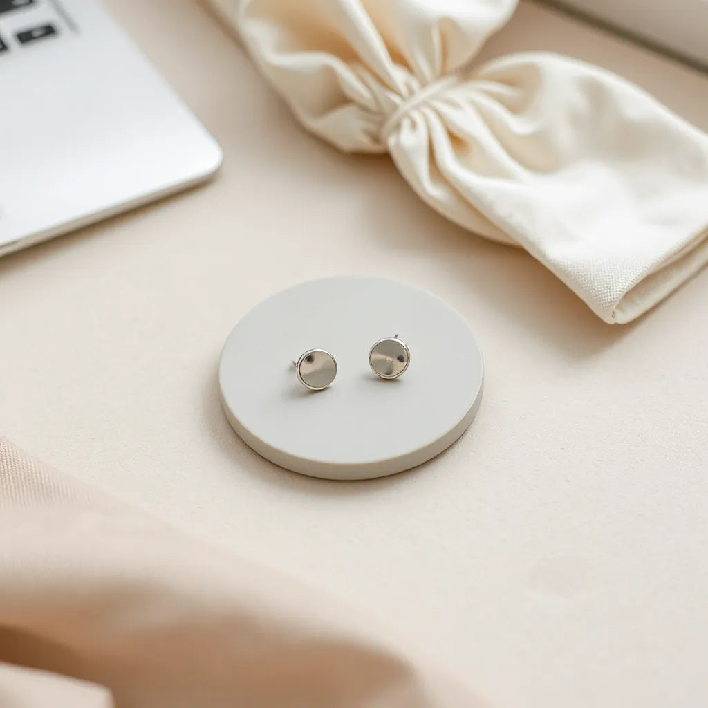 Minimal round button earrings shown on a neutral surface with soft natural light