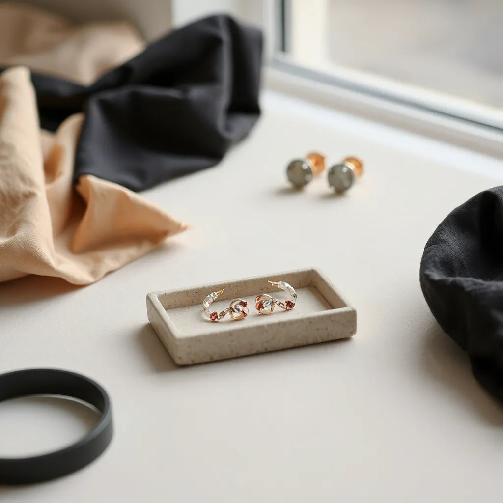 Elegant ear clip accessories displayed on a minimal tray with soft neutral lighting