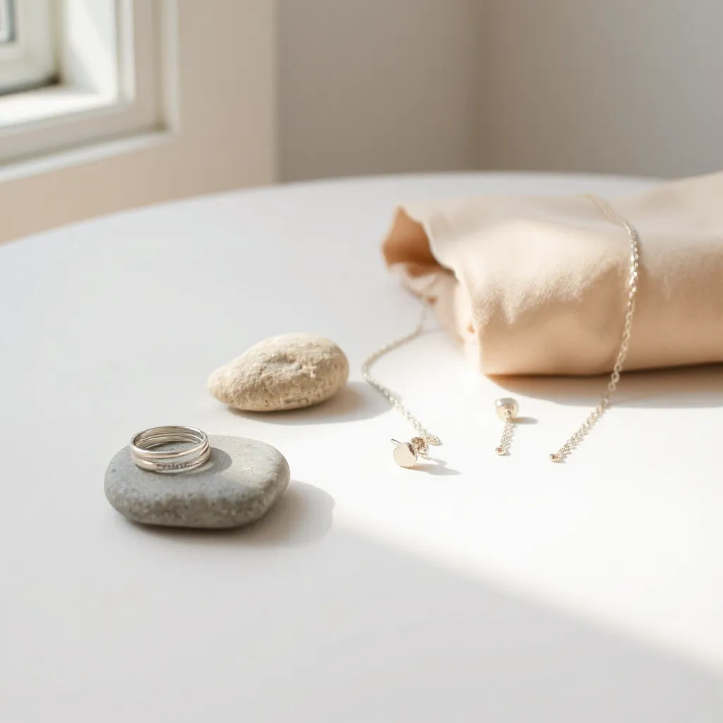 Minimal silver earrings, a delicate pendant necklace, and stacking rings arranged on a neutral background.