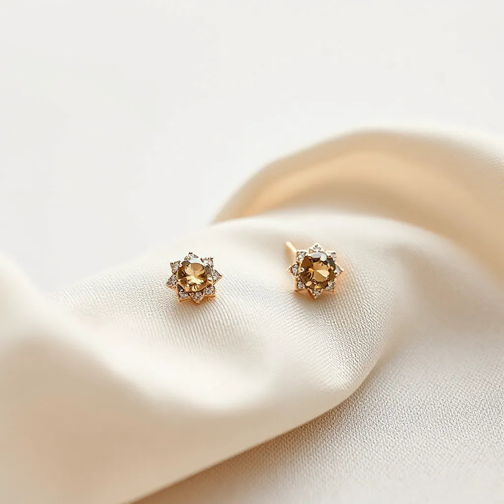 Elegant pair of luxury clip earrings with gemstone detailing displayed on neutral fabric