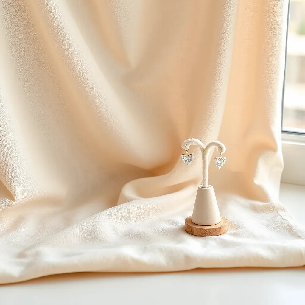 Delicate elegant earrings on a neutral fabric backdrop with soft natural light