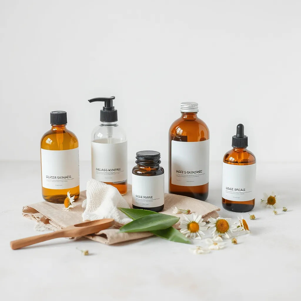 Organic skincare bottles and jars with aloe and chamomile on a minimalist tabletop background