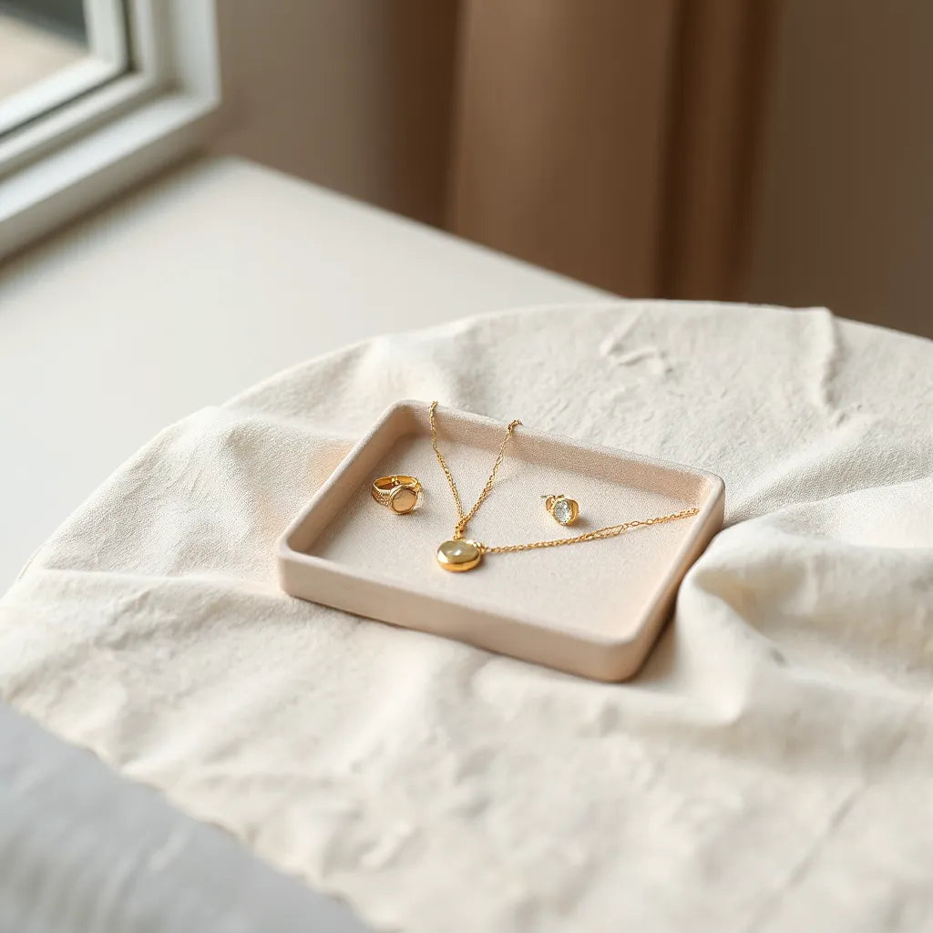 Gold-tone pendant necklace, ring, and stud earrings arranged on a minimalist jewelry tray