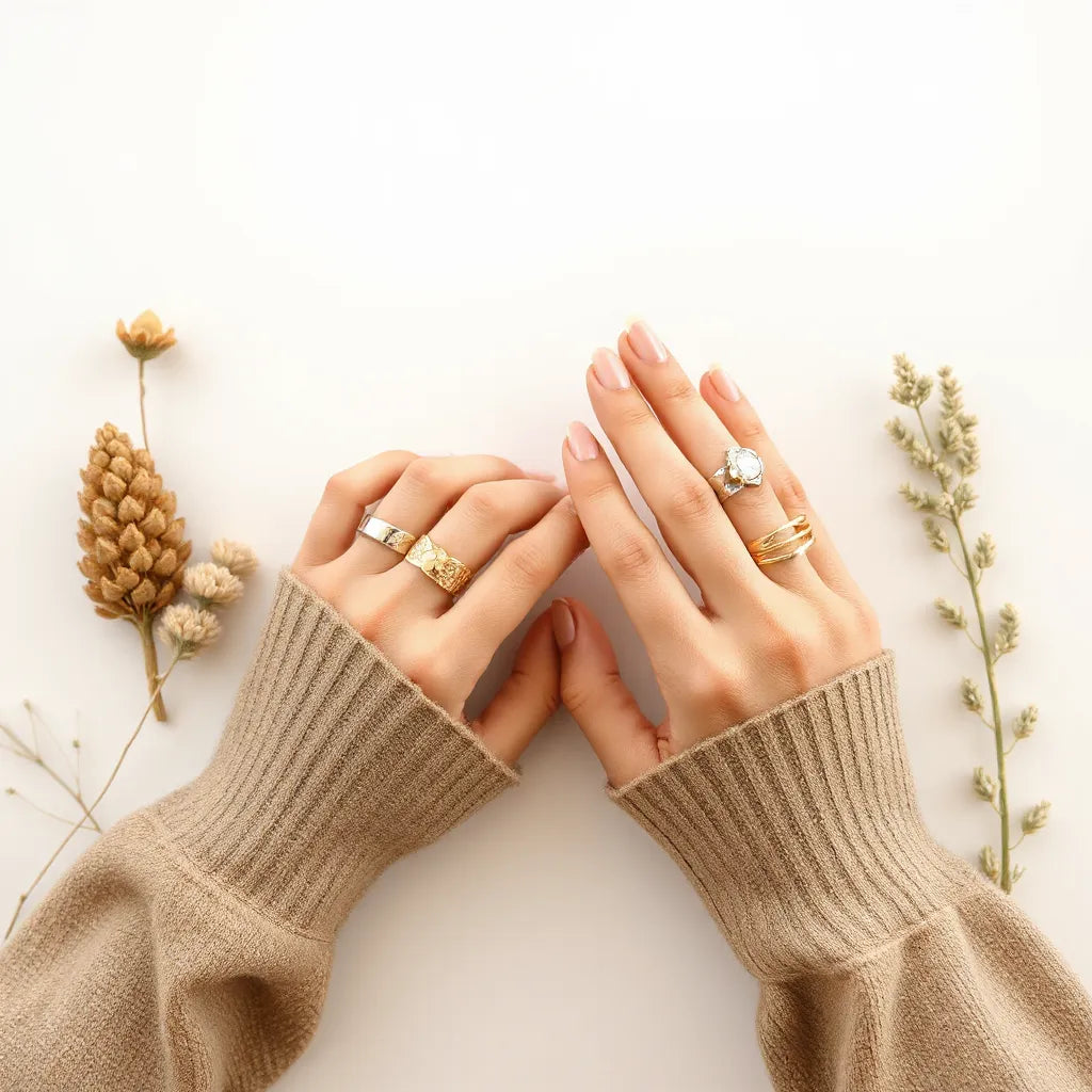 Modern woman’s hands showing a sleek stack of rings on multiple fingers