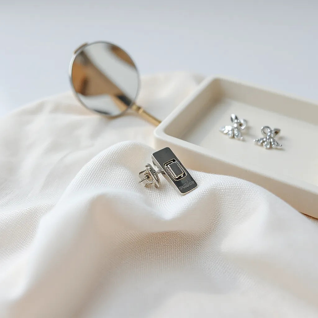 Silver clip earrings with visible clips on a neutral fabric with soft daylight reflections