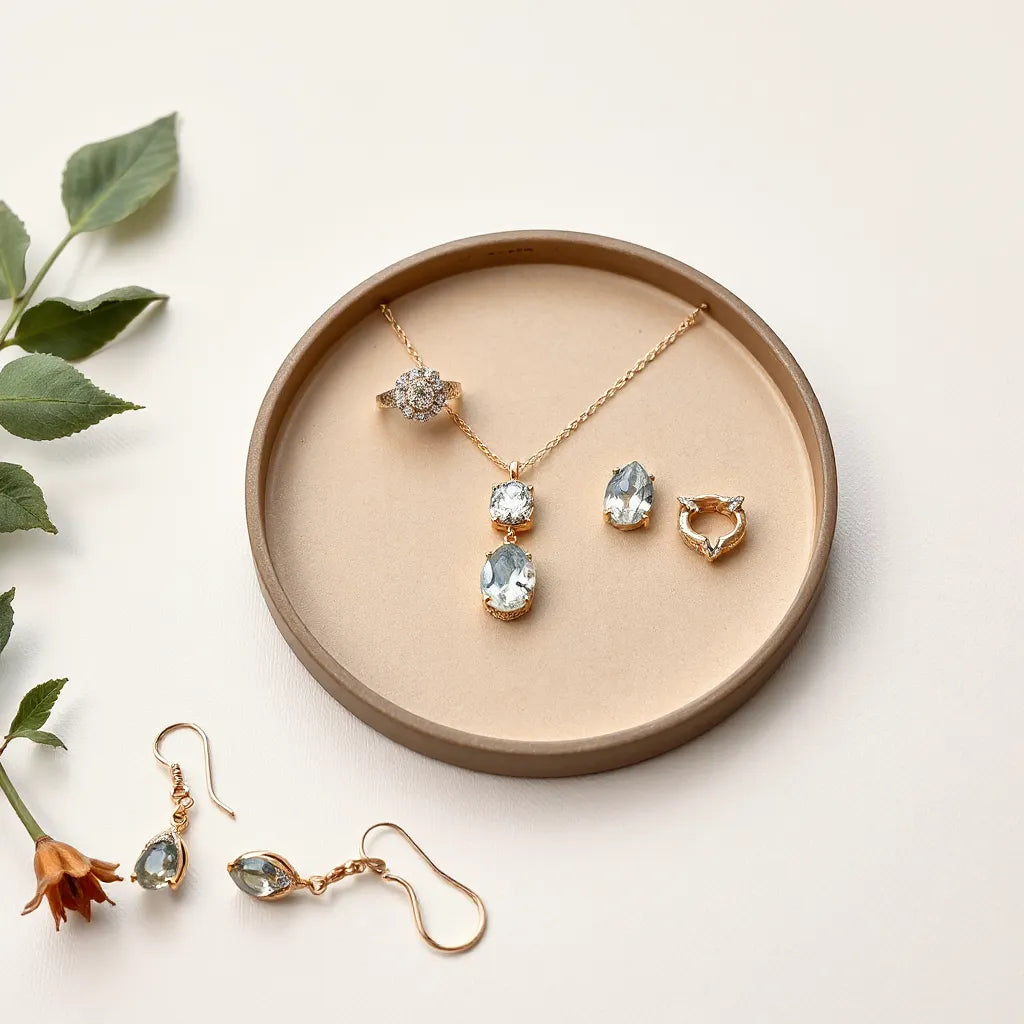 Assorted elegant jewelry pieces laid on a neutral surface, including a statement ring, necklace, and earrings.