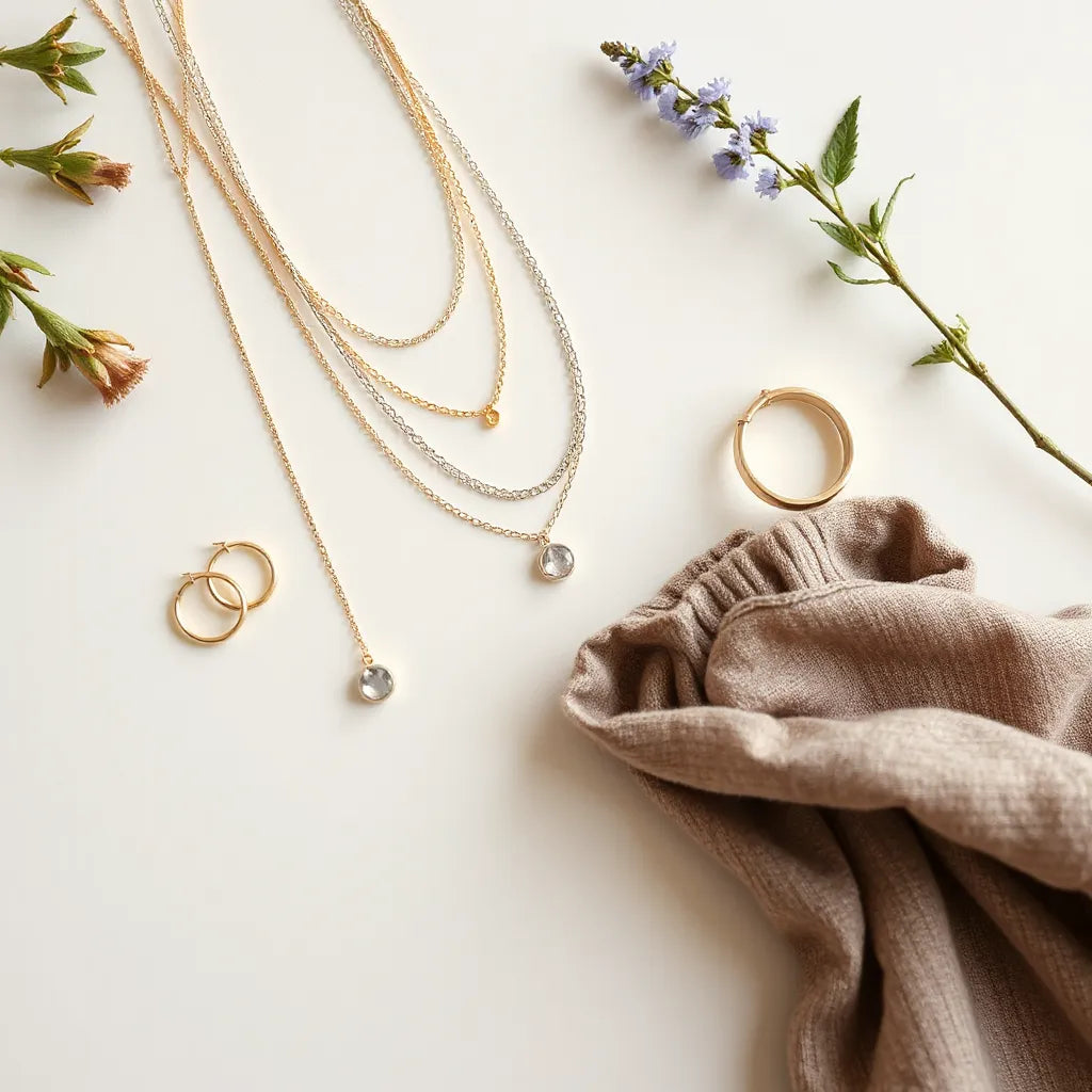 Layered necklaces, earrings, bracelet, and ring arranged neatly with soft fabric backdrop
