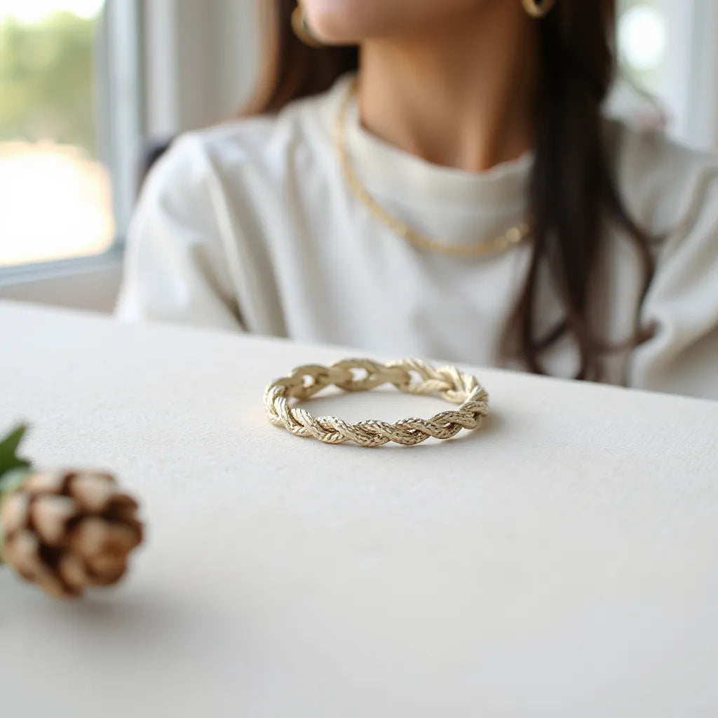 Woven chain ring for women with braided texture displayed under soft natural light on a neutral background
