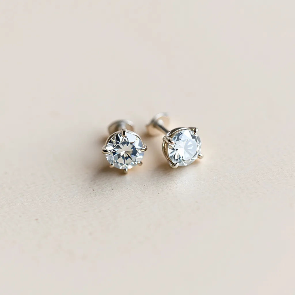 Matching diamond stud earrings with subtle sparkle on a soft neutral background