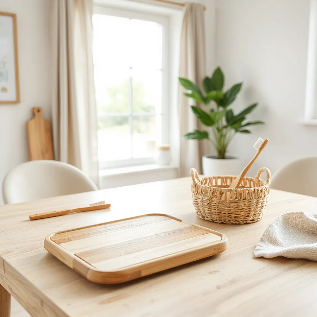 Bamboo cutting board, serving tray, and storage basket arranged on a light wood table in a bright minimalist room