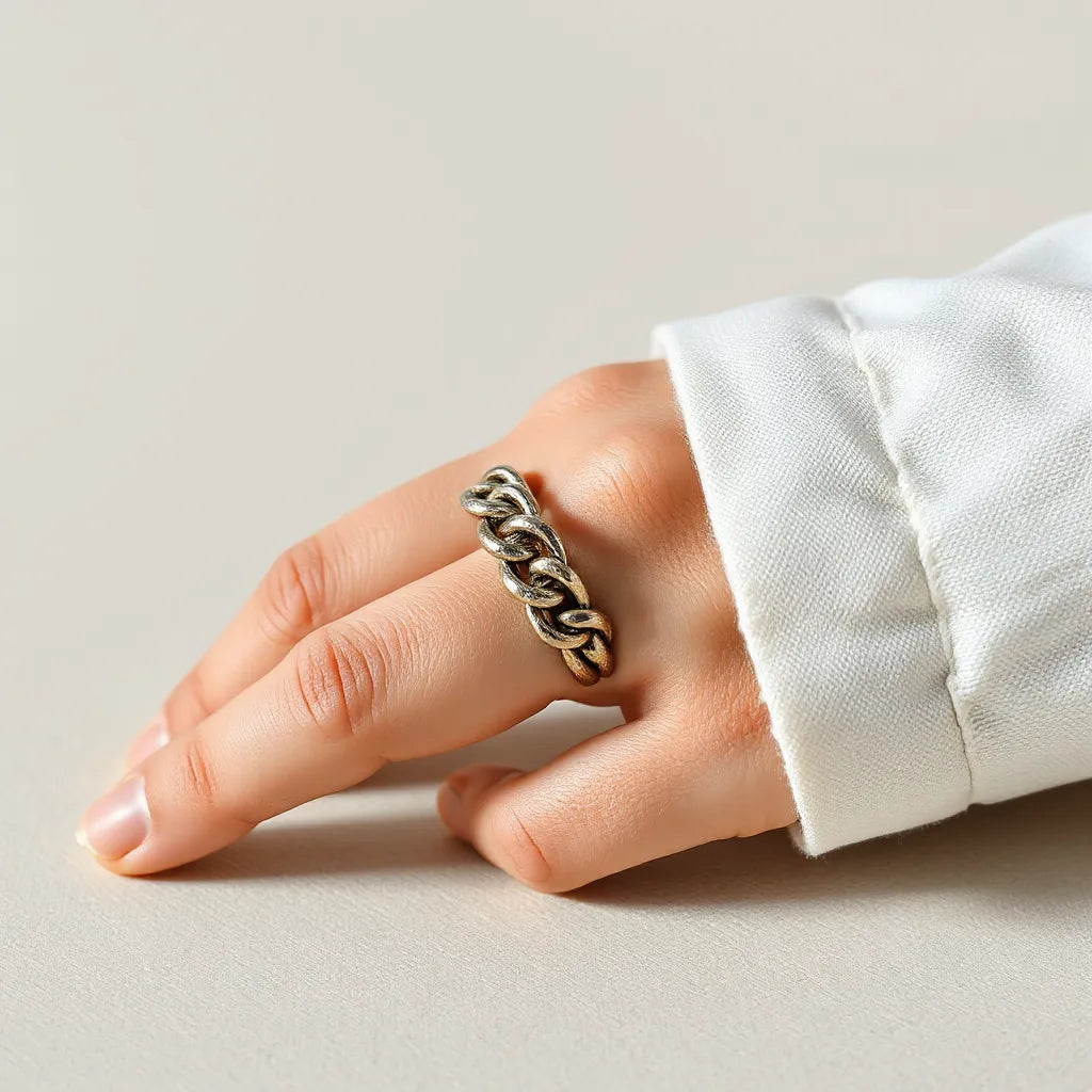 Woven chain ring with braided metal detail on a hand against a neutral background