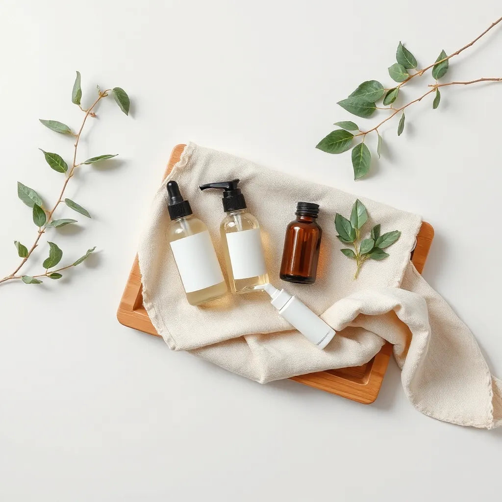 Minimal skincare bottles and a jar with green leaves on a light neutral background
