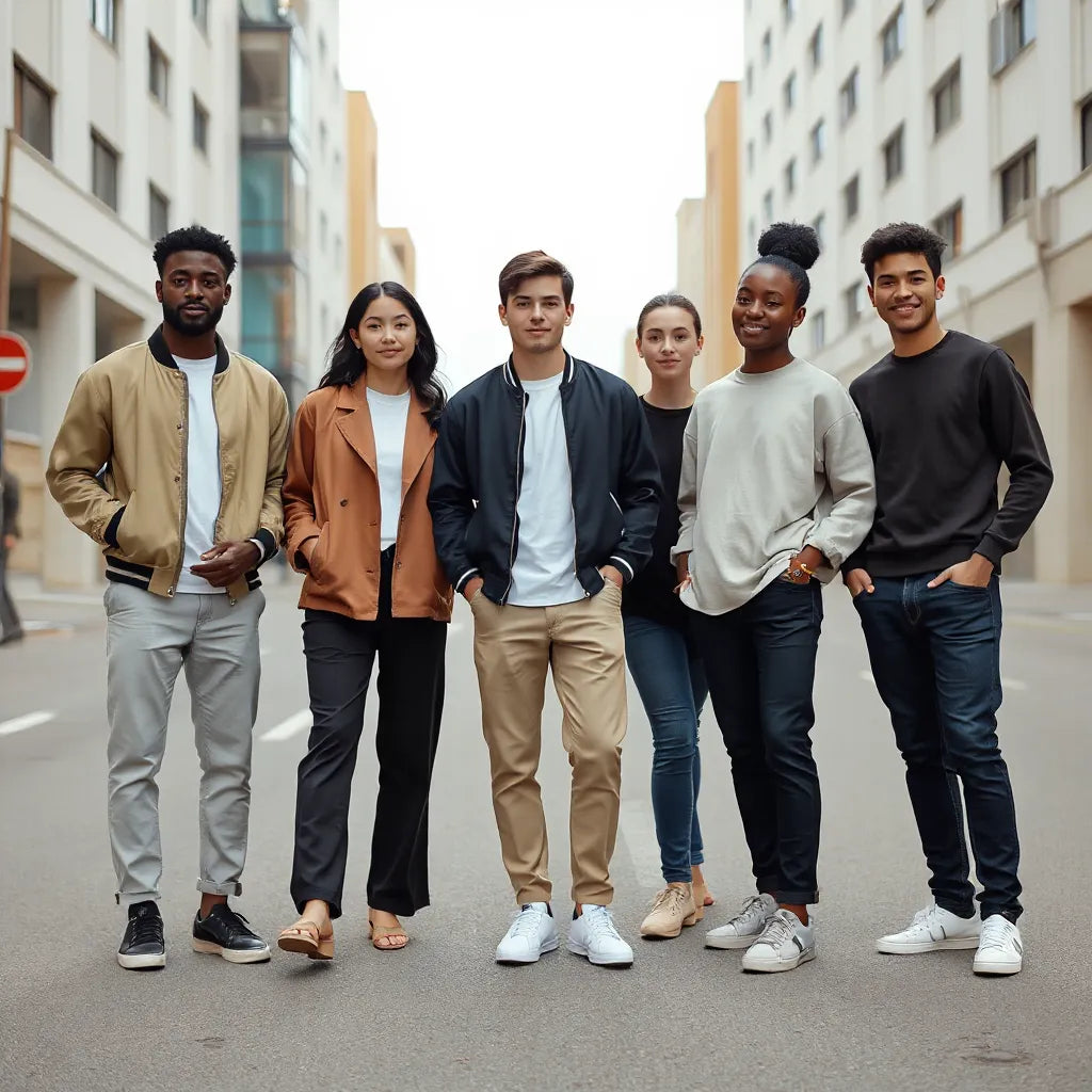 Diverse people styling matching unisex outfits with bomber jackets and relaxed trousers on a street
